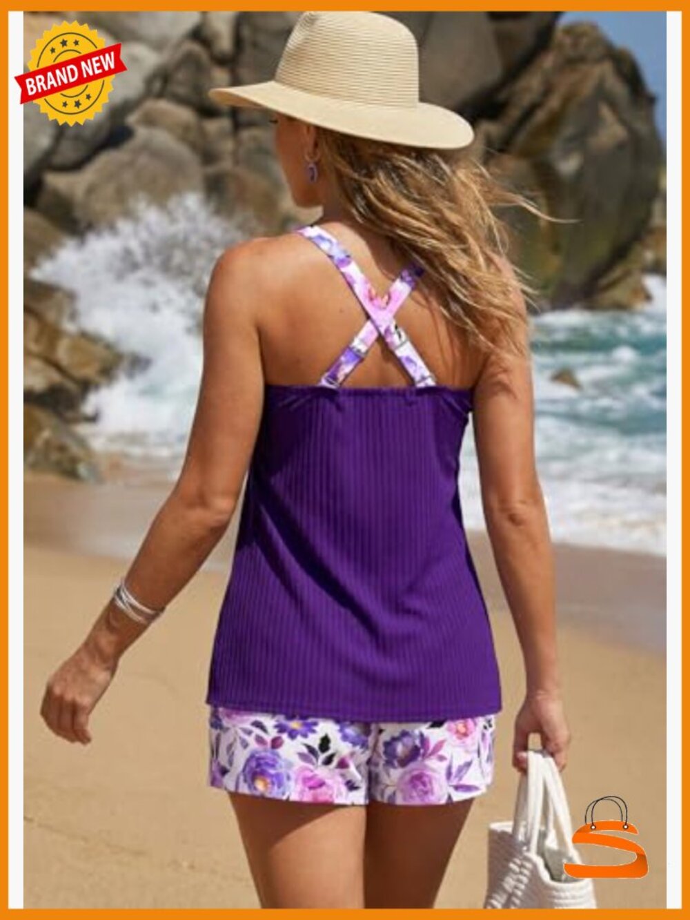 Ruched Tankini Set with Board Shorts, Two Piece Swimwear, Tank Top & Shorts - Picture 3 of 7